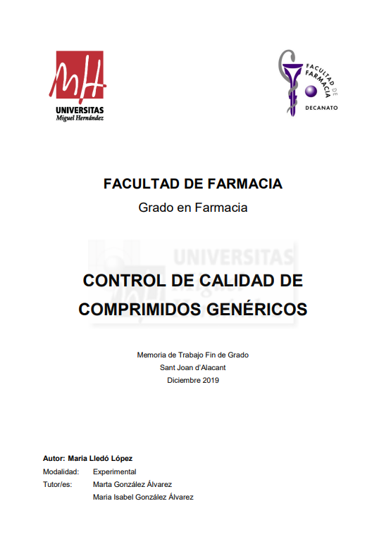 Portada de CONTROL DE CALIDAD DE COMPRIMIDOS GENÉRICOS