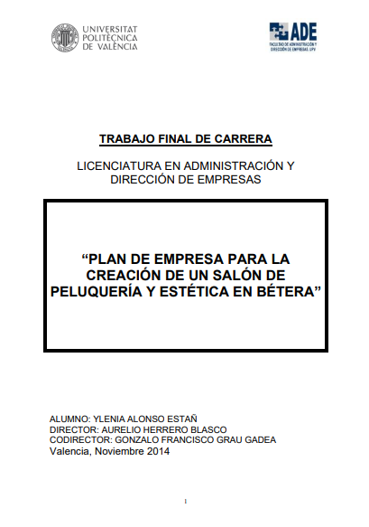 Portada de PLAN DE EMPRESA PARA LA CREACIÓN DE UN SALÓN DE PELUQUERÍA Y ESTÉTICA EN BÉTERA