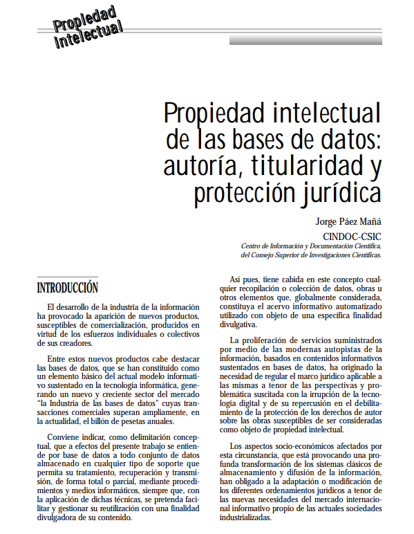 Portada de Propiedad Intelectual de las bases de datos: autoría,titularidad y protección jurídica