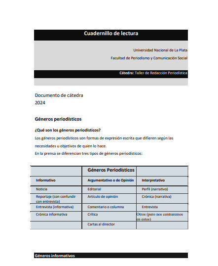 Cuadernillo de lectura y herramientas: noticia, crónica, reportaje y entrevista.